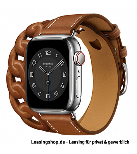 Apple Watch Hermes Series 7 GPS + Cellular leasen, 41 mm  Edelstahlgehäuse Silber, Gourmette Double Tour Barénia-Lederarmband Fauve